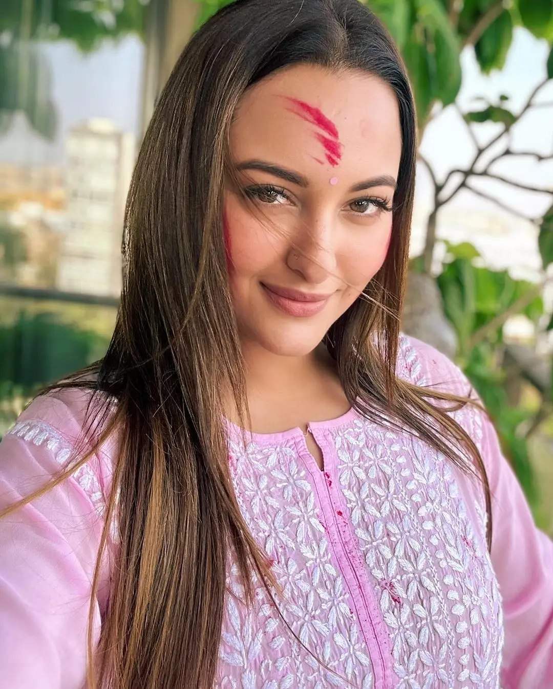 Sonakshi Sinha Wearing Beautiful Pink Dress Long Hair